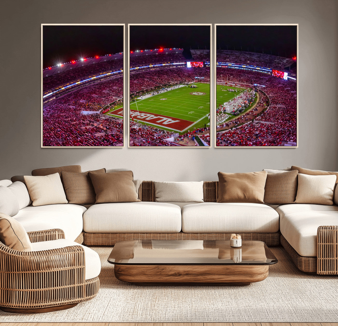 MGV-FC-60X30-3P - Bryant-Denny Stadium Night Game Triple Canvas Wall Art - Alabama Crimson Tide Football Match