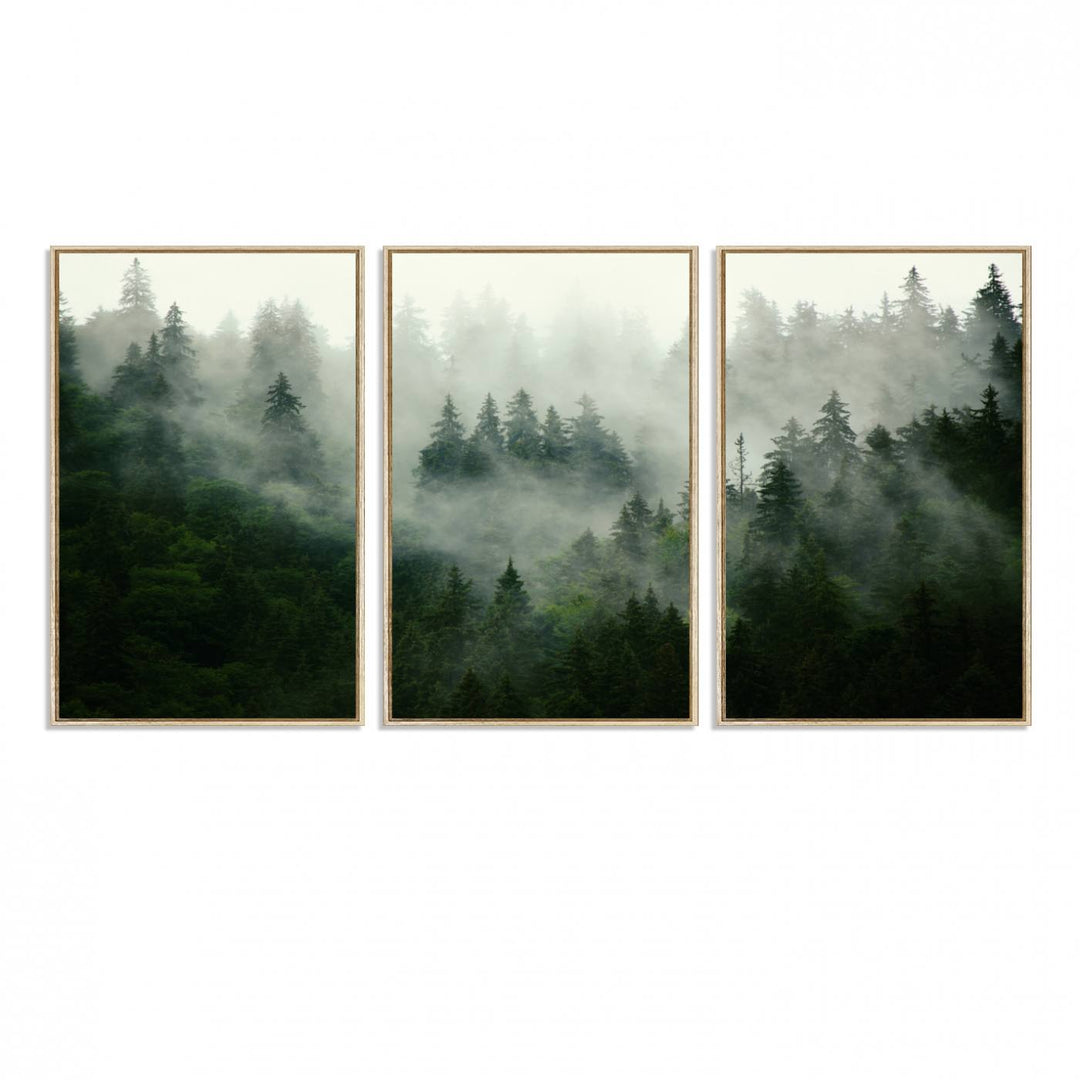 Misty Forest Mountain Wall Art: A 3-panel foggy landscape canvas print, ideal for enhancing home decor with natures beauty.