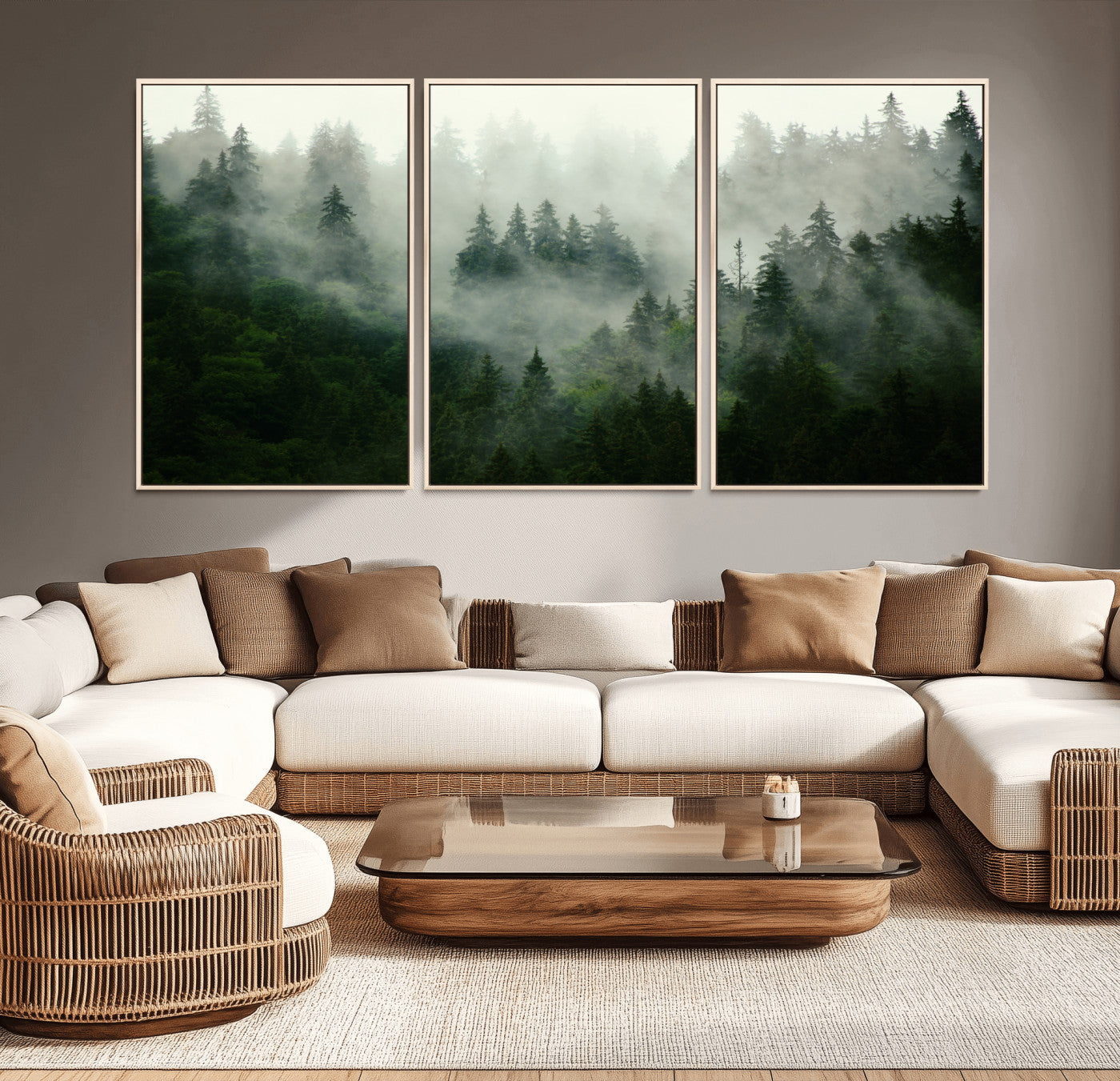 MGV-FC-60X30-3P - Misty Forest Mountain Wall Art Canvas  | Large 3-Panel Foggy Landscape Canvas Print | Nature Misty