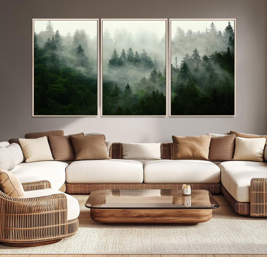 Misty Forest Wall Art Canvas Print - Foggy Forest Landscape Canvas Wall Art – Serene Triptych Nature Print – Woodland Landscape Decor