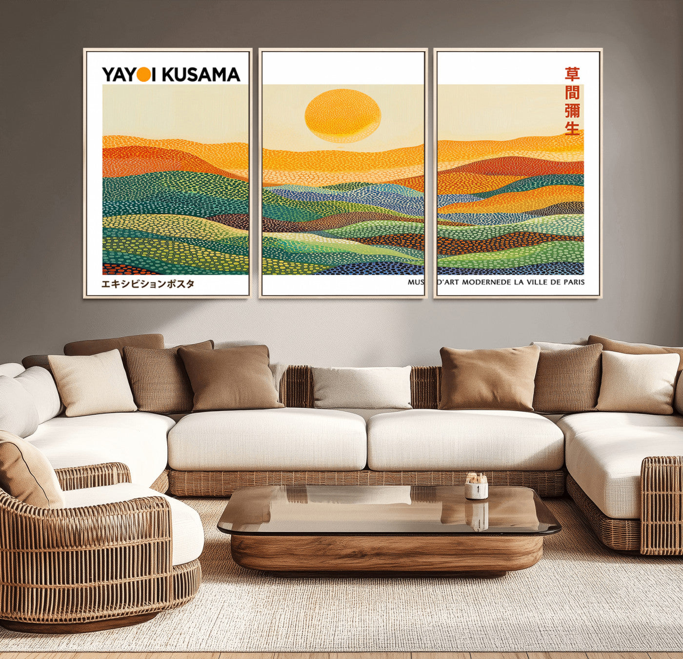 MGV-FC-60X30-3P - Framed Yayoi Kusama 1986 Wall Art Print – Japanese Wall Art Print, Wabi Sabi Yayoi Kusama Print -