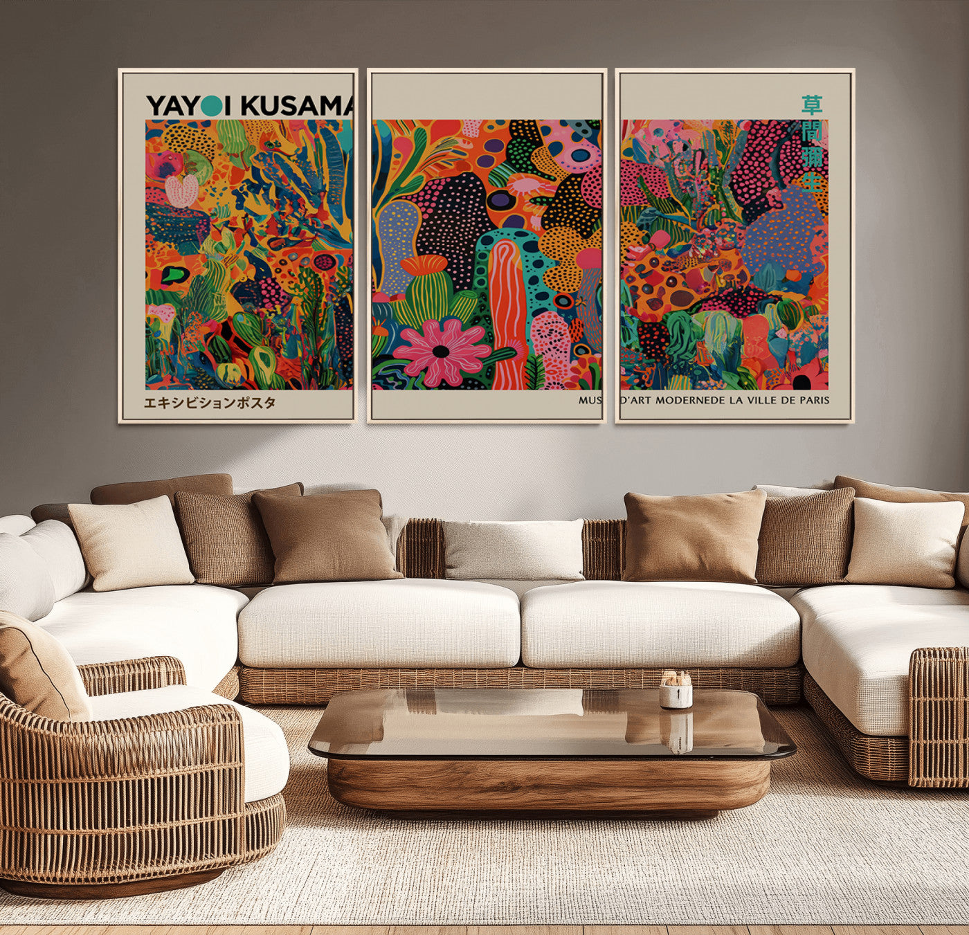 MGV-FC-60X30-3P - Framed Yayoi Kusama 1986 Wall Art Print – Japanese Wall Art Print, Wabi Sabi Yayoi Kusama Print -