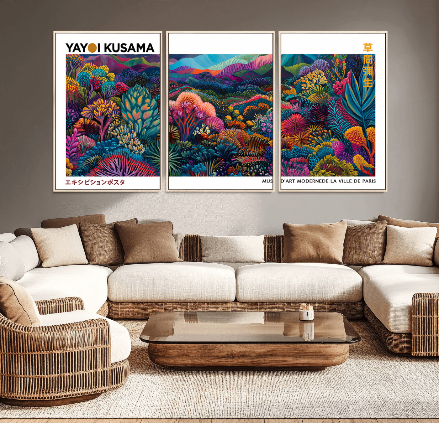MGV-FC-60X30-3P - Framed Yayoi Kusama 1986 Wall Art Print – Japanese Wall Art Print, Wabi Sabi Yayoi Kusama Print -