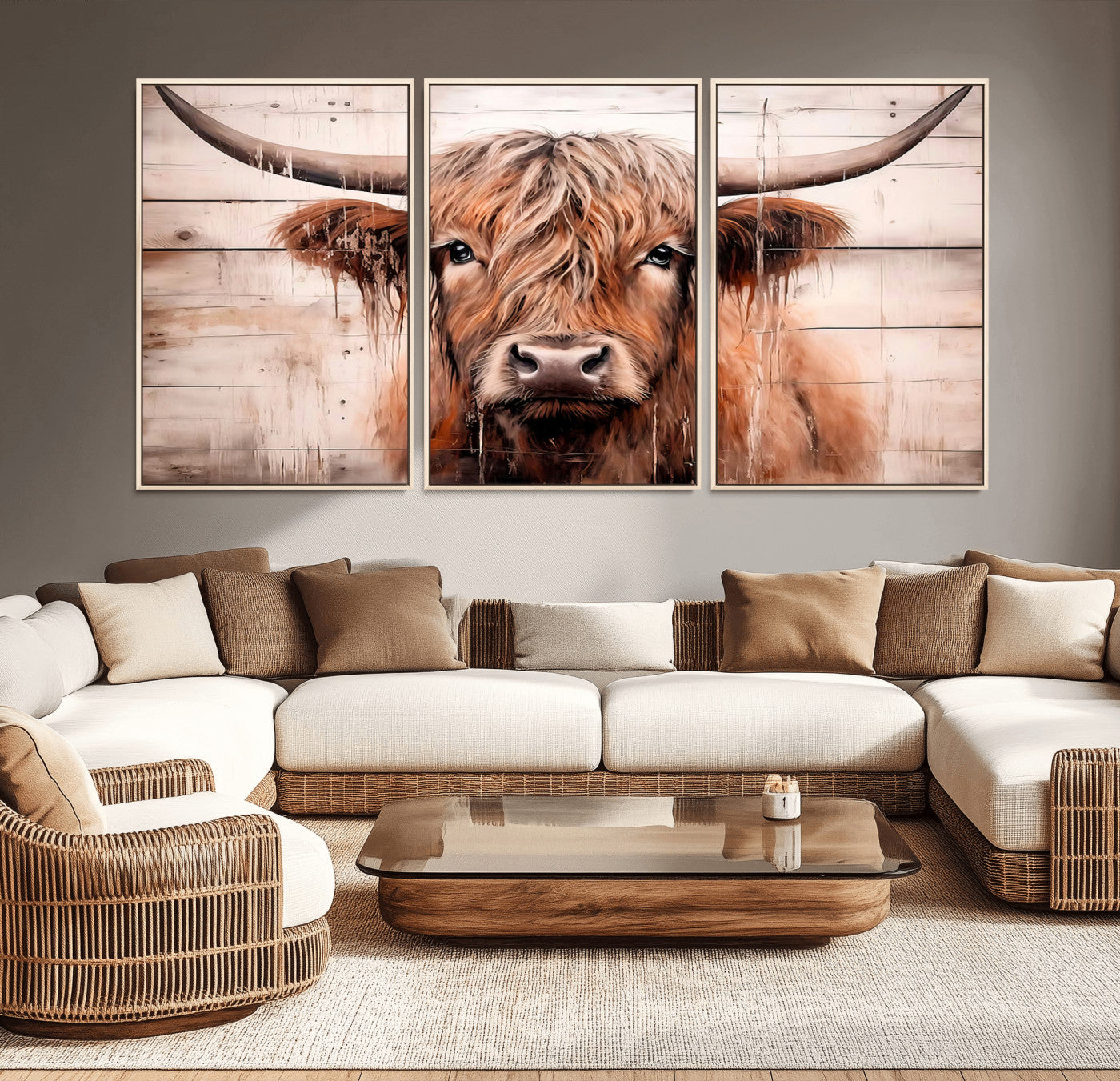 MGV-FC-60X30-3P - Vintage Scottish Highland Cow Cattle Art Print Farmhouse Wall Art Canvas Print