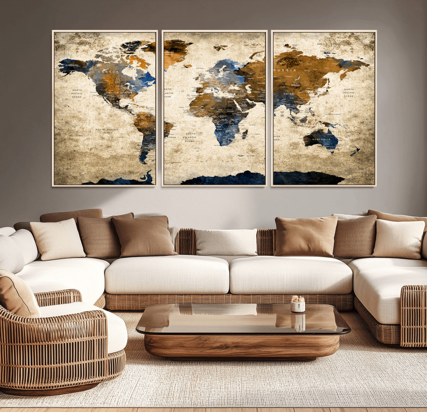 51140-MGV-CV-36X24-Vintage World Map Canvas Wall Art – Textured Triptych Map Print – Global Decor for Living Room or Office – Ready to Hang
