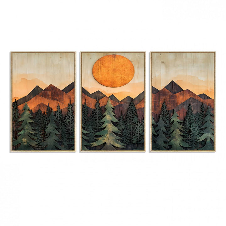 Sunset Mountain Landscape canvas wall art print featuring forest and wooden textures in green, brown, and orange.