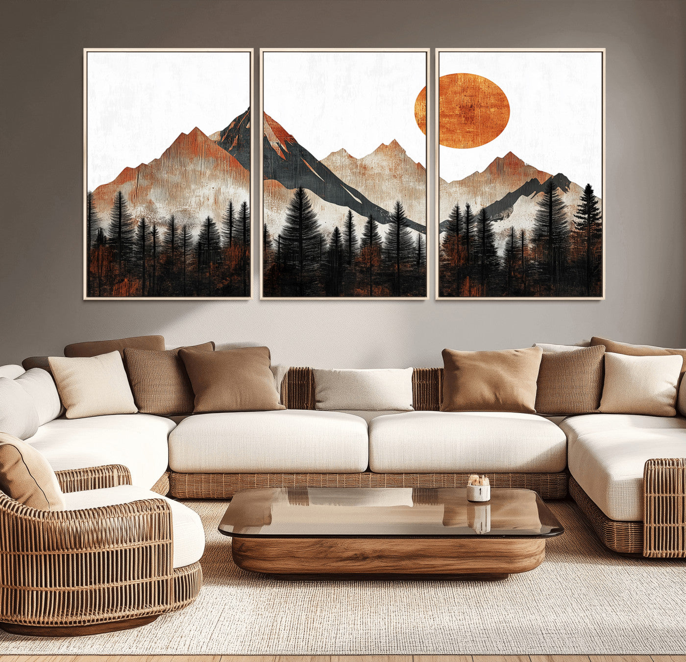 MGV-FC-60X30-3P - Modern Abstract Mountain Canvas Wall Art Print, Abstract Landscape Print, Rustic Sun and Mountains