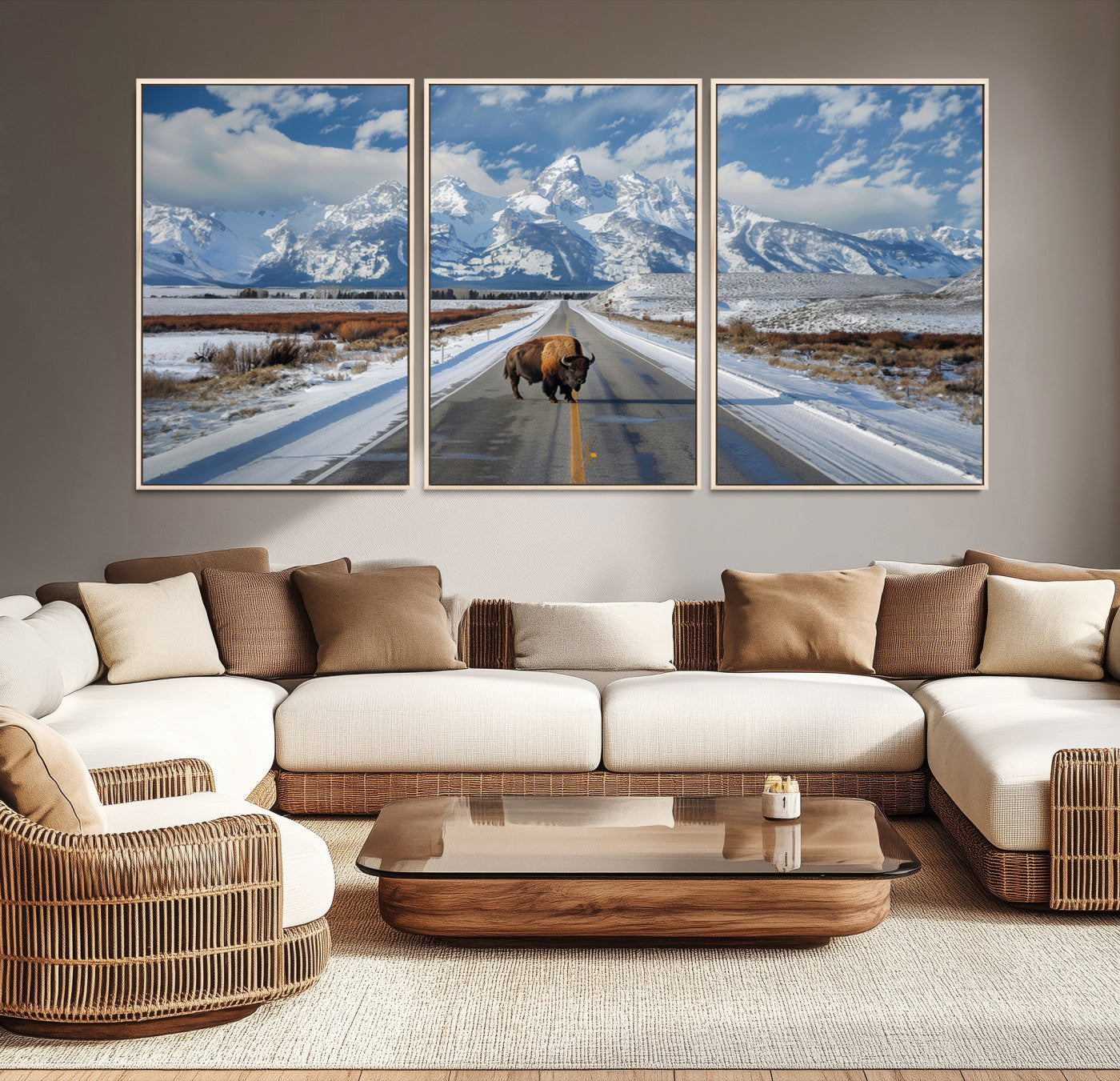A powerful bison stands on a snow-dusted road beneath the towering peaks of the Grand Tetons, capturing the untamed beauty of America's winter wilderness.