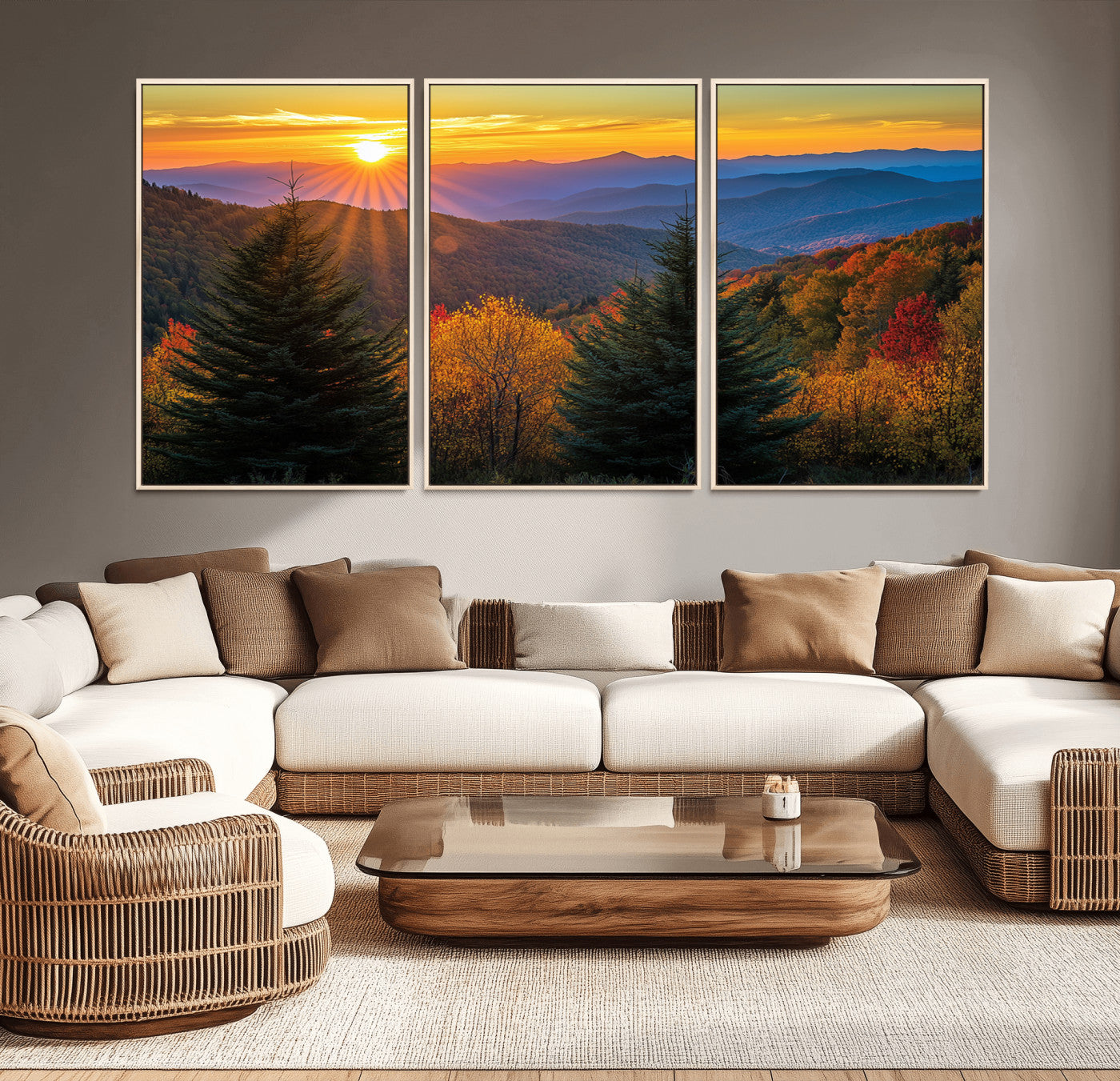 MGV-FC-60X30-3P - Golden Sunset Over Mountain Forest Canvas Wall Art Print - Warm Nature-Inspired Landscape for Living