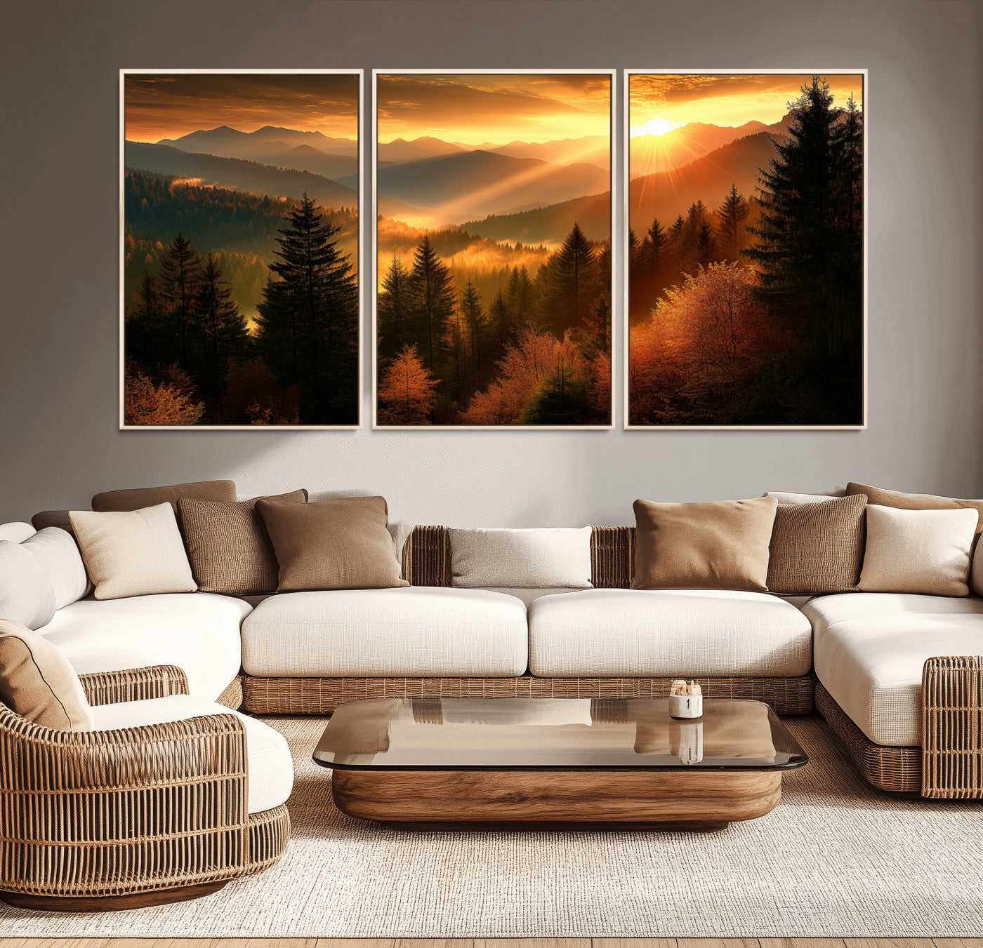 MGV-FC-60X30-3P - Golden Sunset Over Mountain Forest Canvas Wall Art Print - Warm Nature Landscape Print