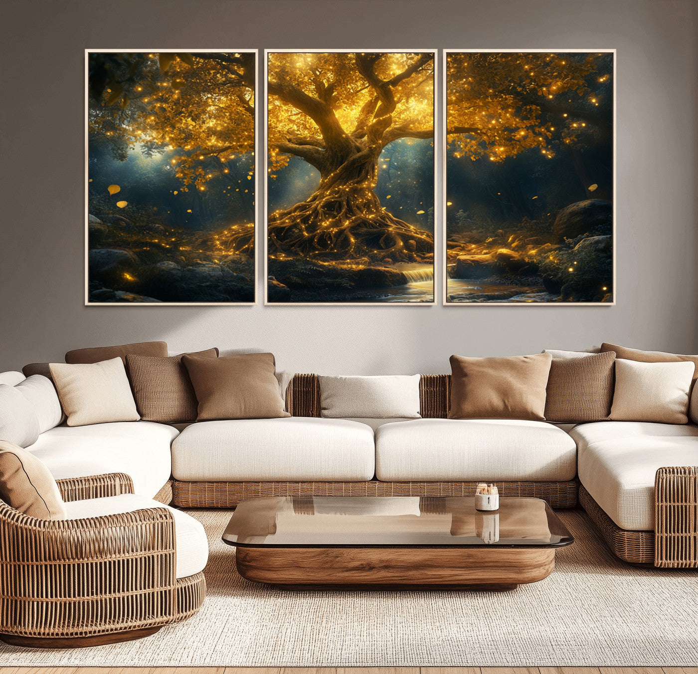 92739-MGV-CV-36X24-Golden Tree of Life Canvas Wall Art Print - Majestic Glowing Tree Wall Art Print