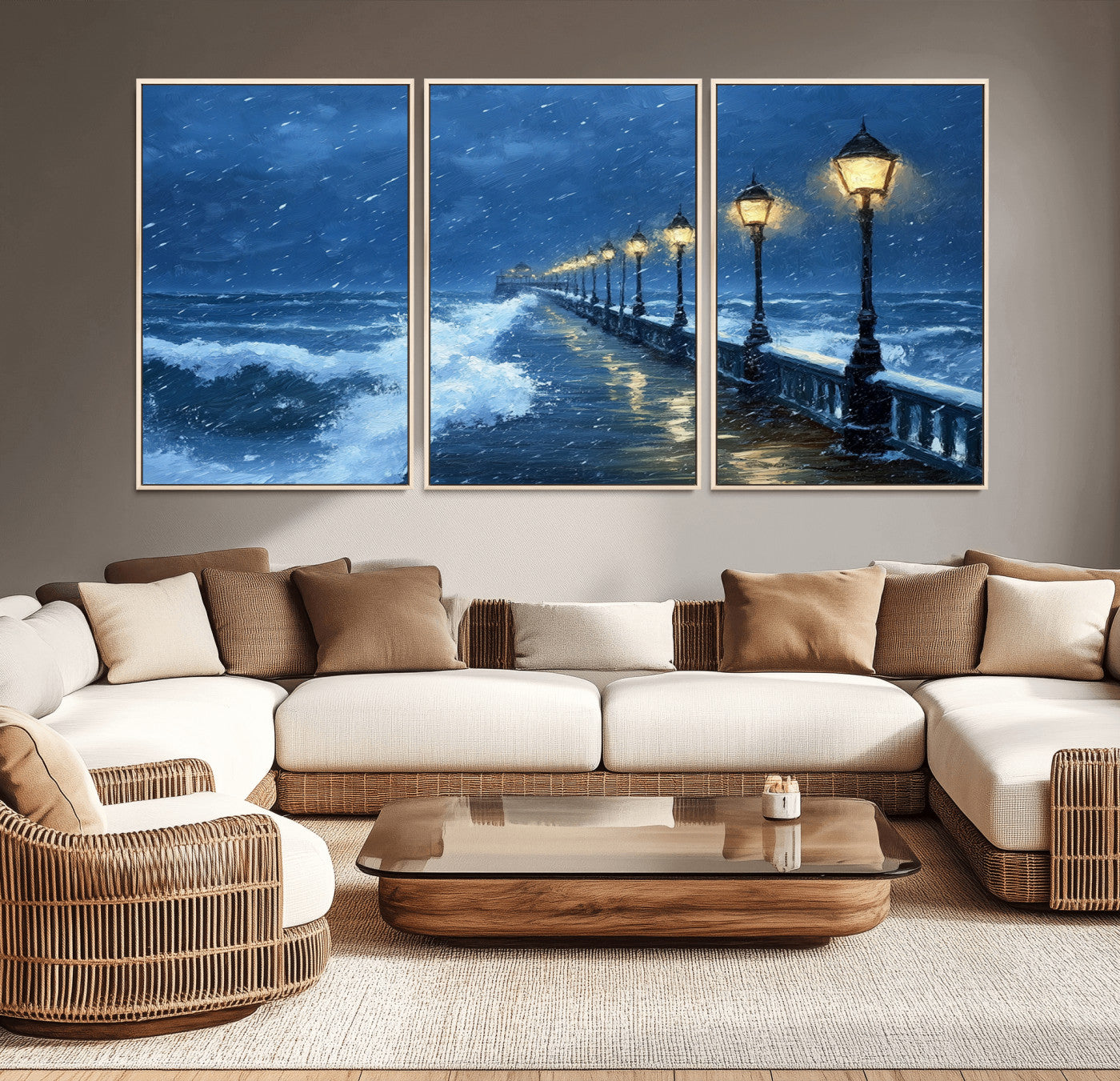 MGV-FC-60X30-3P - Stormy Ocean Pier Lights Canvas Wall Art Print - Large Moody Night Scene for Living Room, or Office,