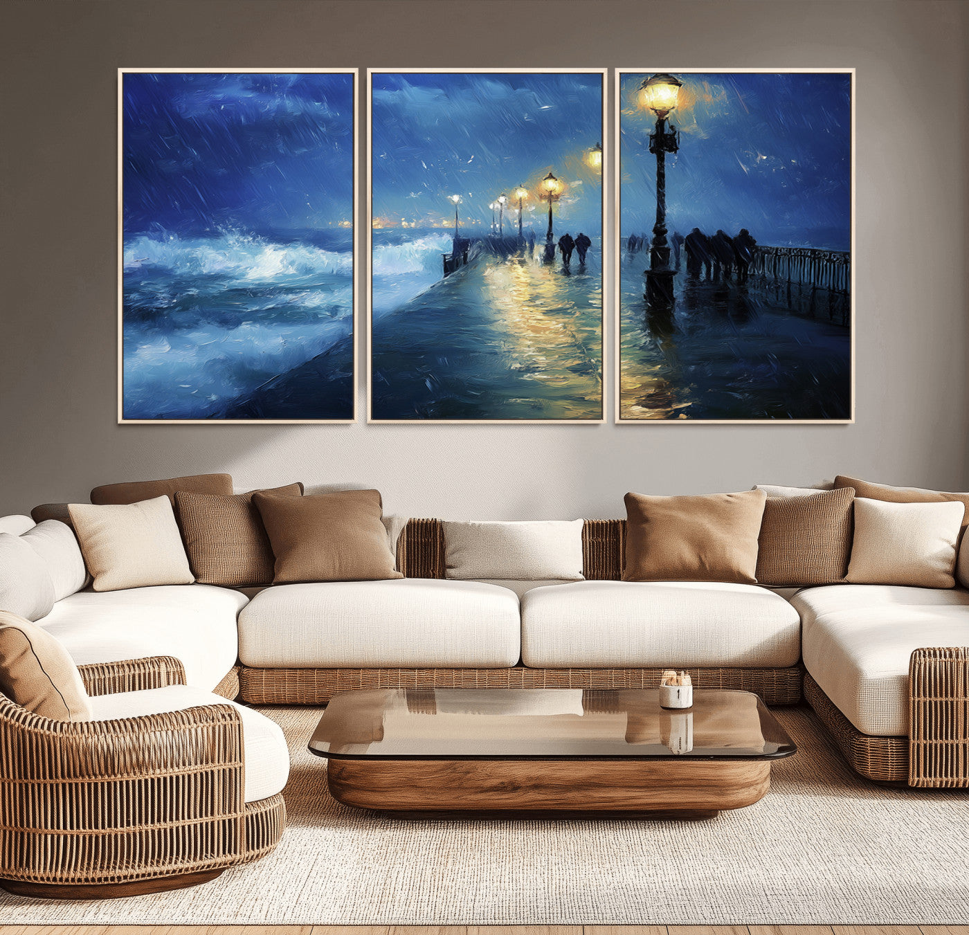 -Abstract Stormy Ocean Pier Canvas Wall Art Print | Stormy Ocean Art | Large Moody Night Scene Print,