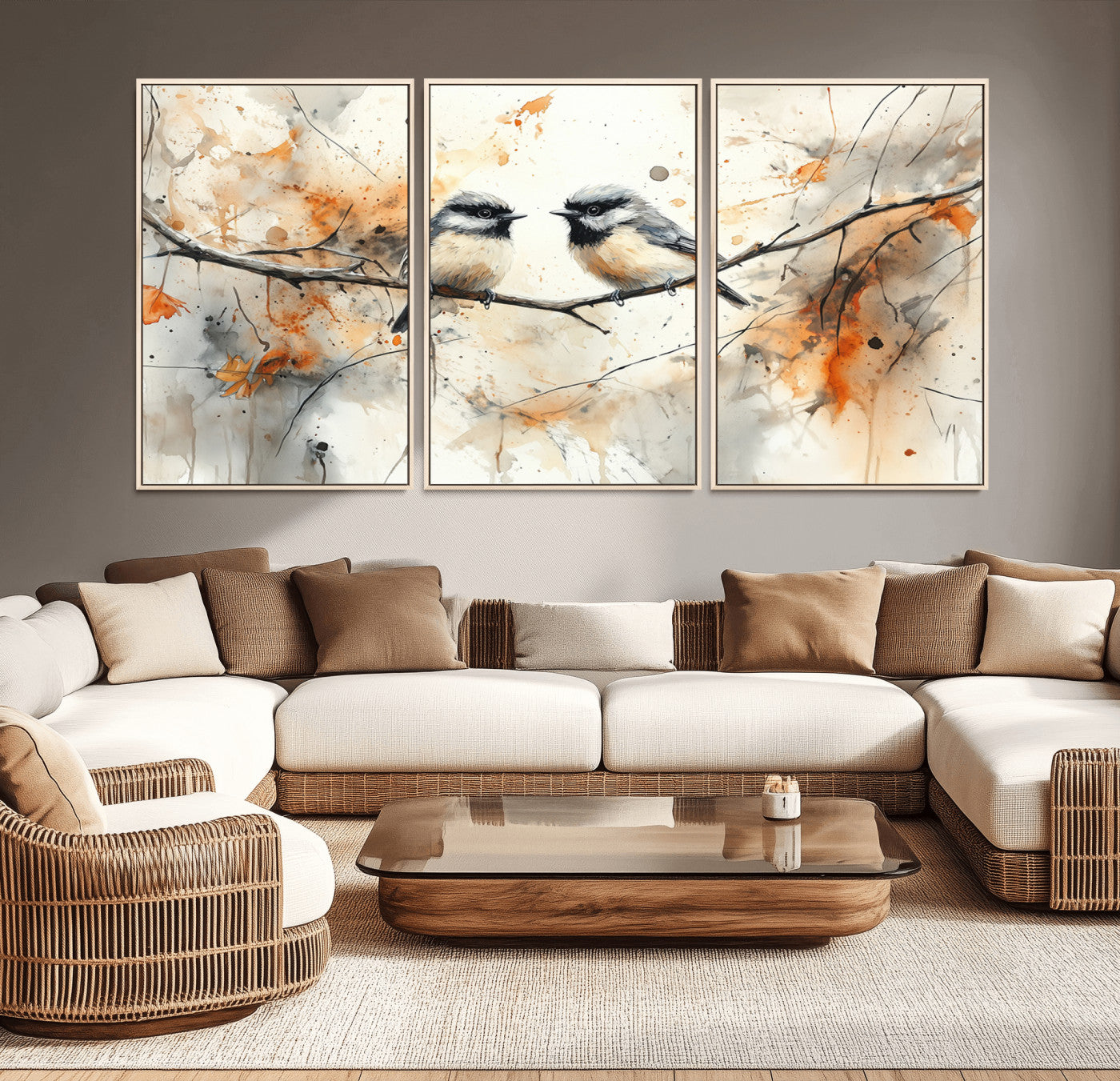 A soft and elegant watercolor painting of two chickadees perched on a delicate branch, surrounded by splashes of orange and neutral tones evoking a calm autumn day.
