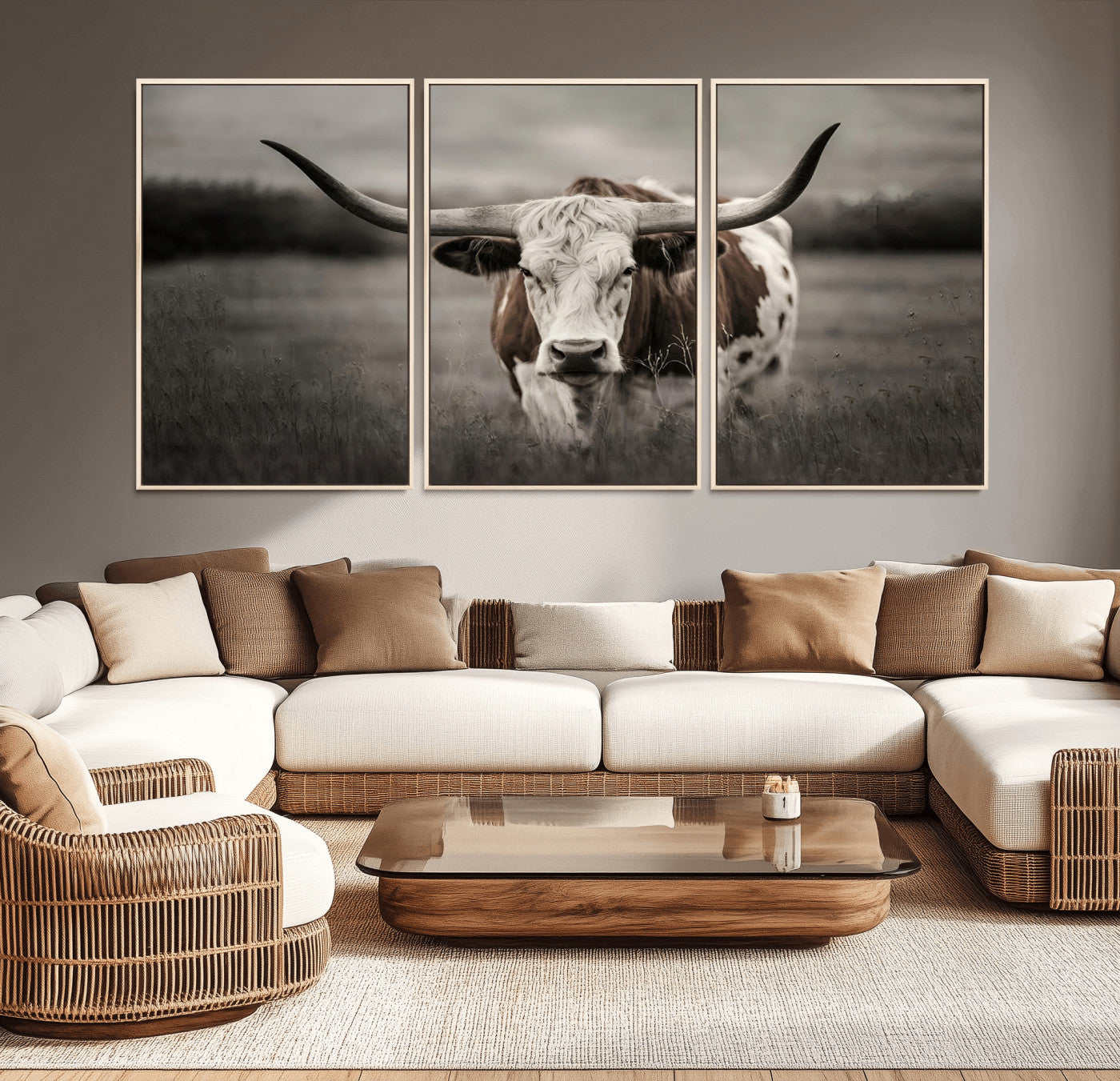 MGV-FC-60X30-3P - Texas Longhorn Cow Canvas Wall Art Print - Large Rustic Longhorn Art for Living Room, Western Wall