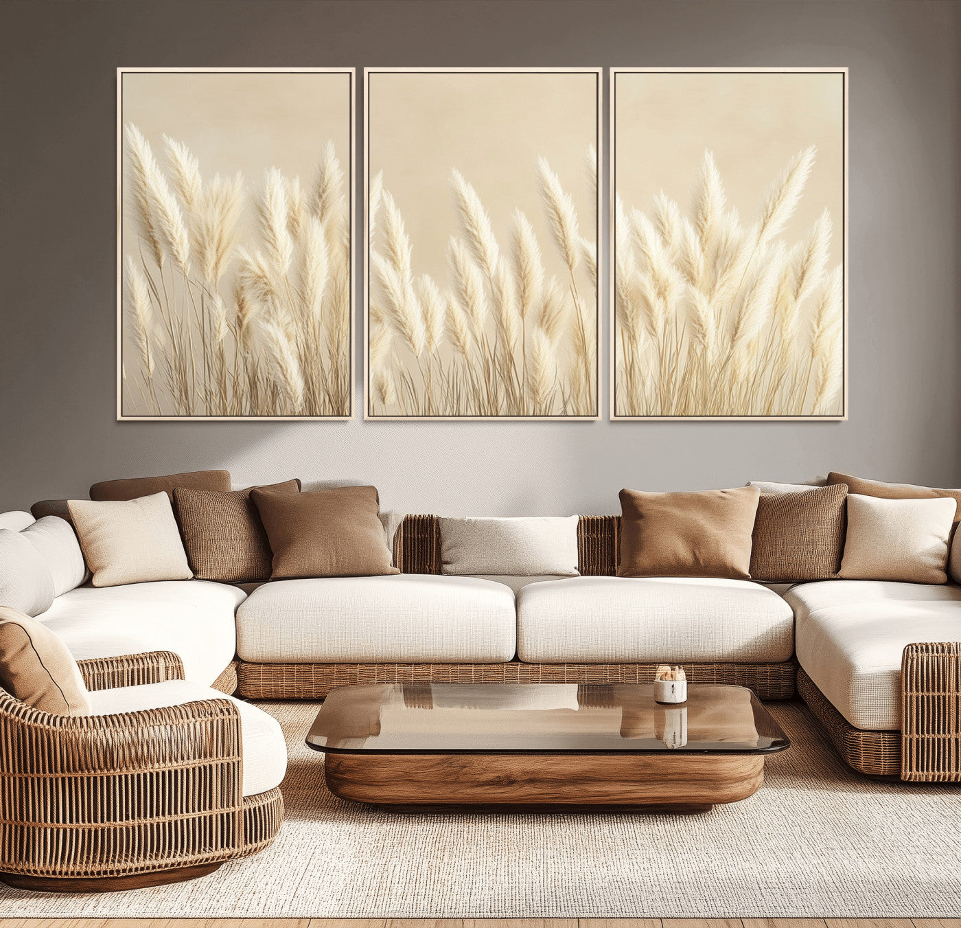 MGV-FC-60X30-3P - Grass Wall Art Print - Elegant Neutral Decor for Living Room, Boho Minimalist Artwork, Ready to Hang
