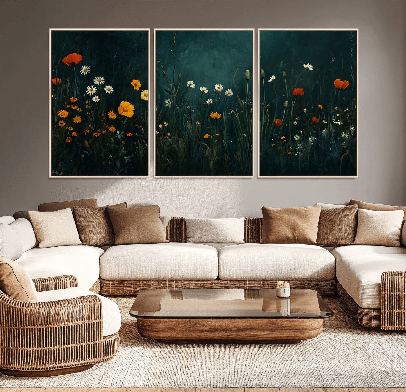 MGV-FC-60X30-3P - Framed Wildflower Field Wall Art, Framed Vintage Botanical Landscape Sign, Floral Decor, Modern