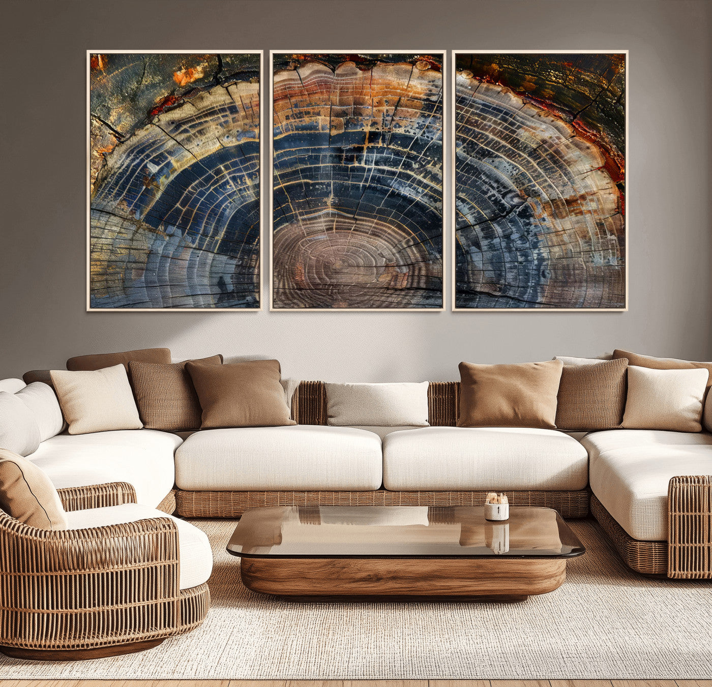 MGV-FC-60X30-3P - Framed Tree Ring Wall Art - Abstract Colorful Tree Ring Wall Decor, Minimalist Home Canvas Art,