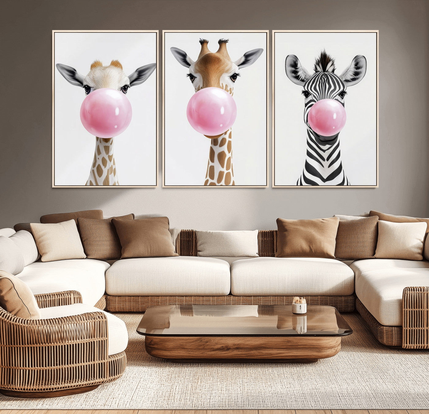 71987-MGV-CV-36X24-Bubblegum Animals Canvas Wall Art - Playful Giraffe and Zebra Trio, Fun Nursery Decor for Kids'