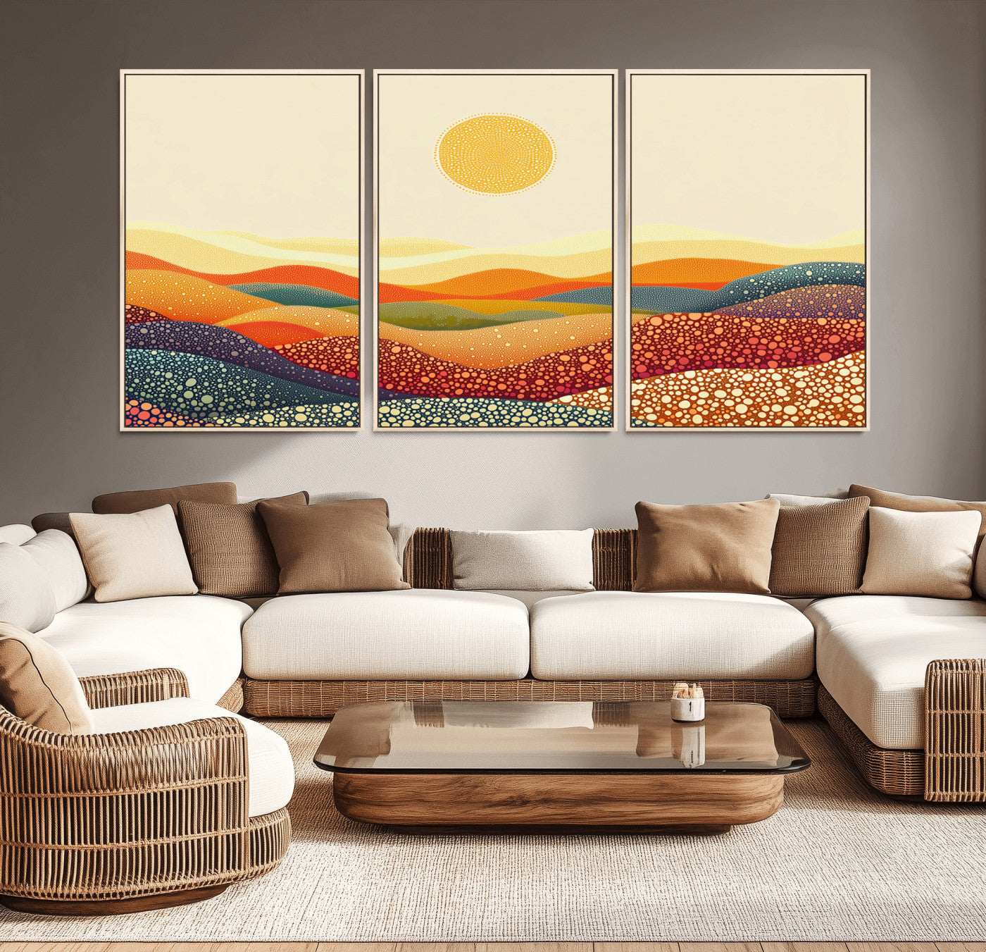 MGV-FC-60X30-3P - YAYOI KUSAMA Colorful Dot Art Landscape Canvas - Framed Abstract Pointillism Inspired by Nature with