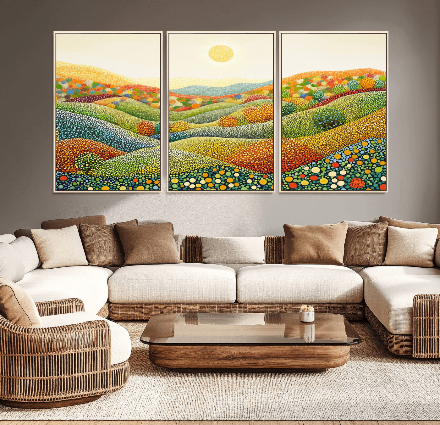 MGV-FC-60X30-3P - YAYOI KUSAMA Wall Art - Colorful Dot Art Landscape Canvas, Framed Japanese Dot Art