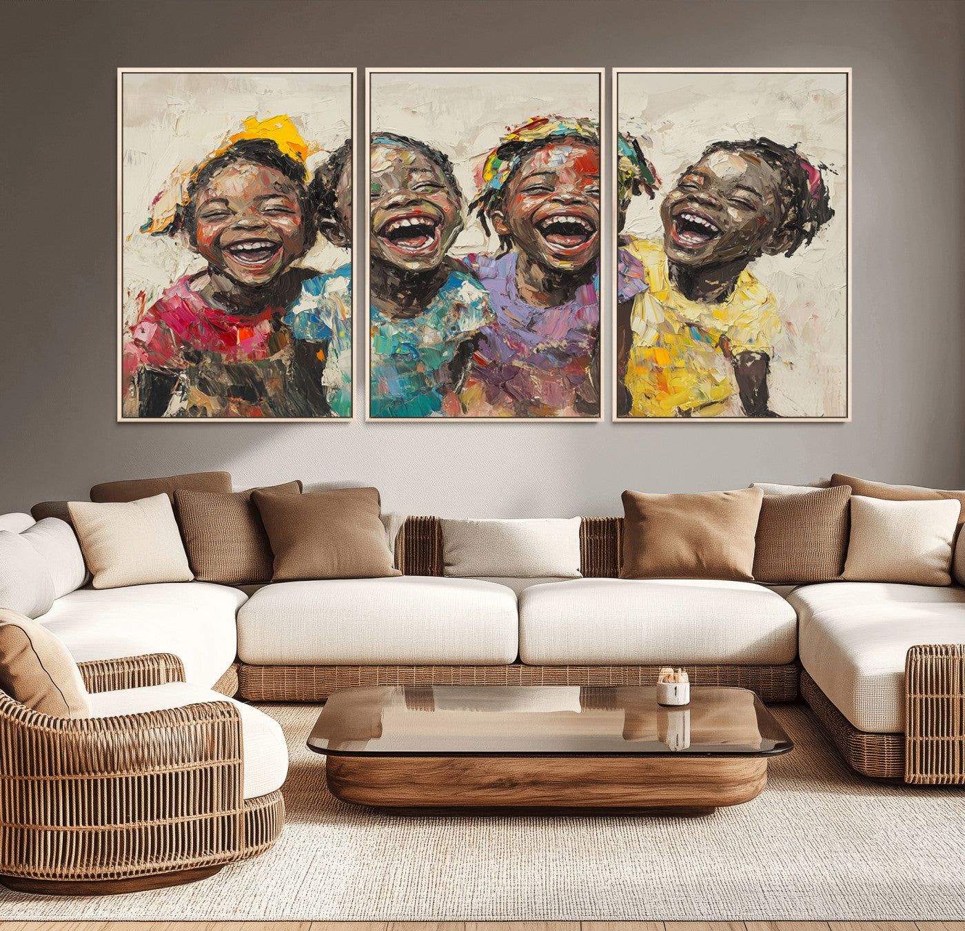 MGV-FC-60X30-3P - Shai Yossef style Joyful Childhood Canvas Wall Art - Expressive Impasto Painting of Black Children