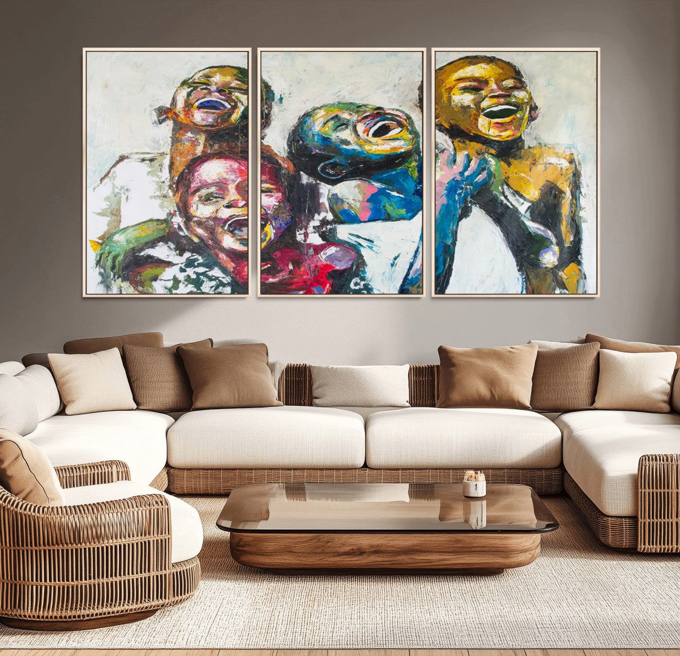 MGV-FC-60X30-3P - Shai Yossef Style Canvas Art - Joyful African Black Kids Impasto Painting with Vibrant Brushstrokes,