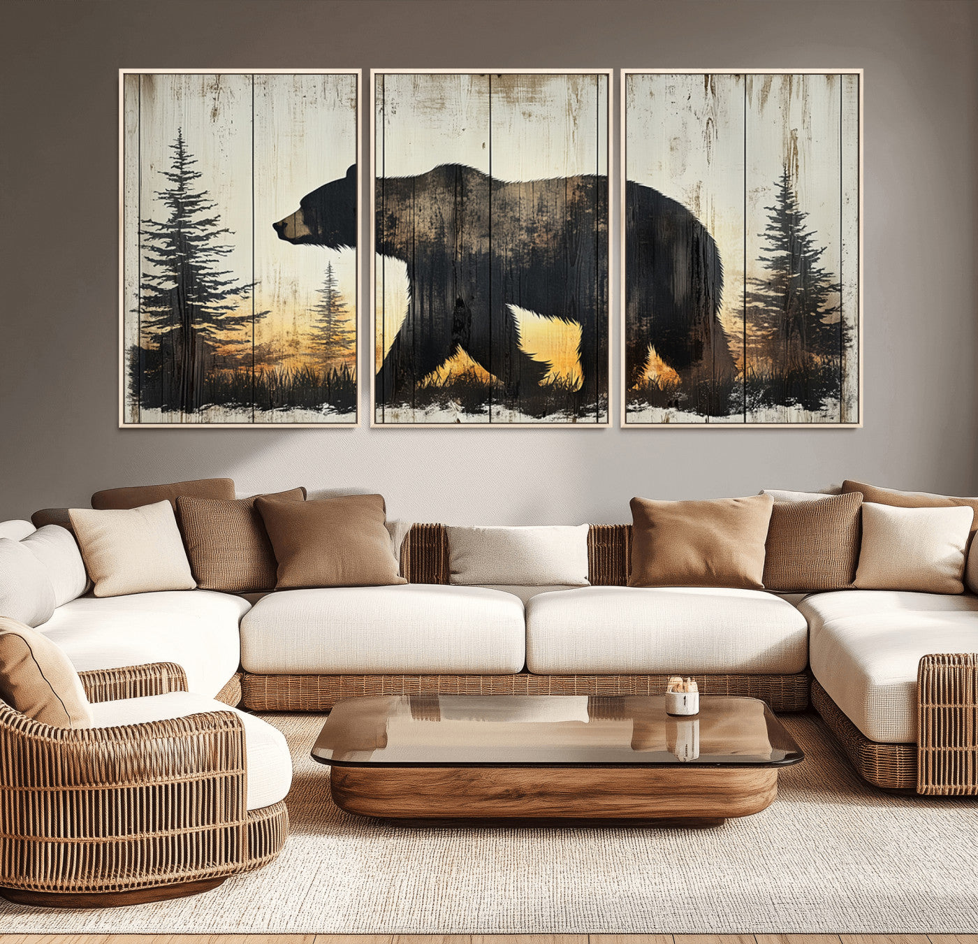 MGV-FC-60X30-3P - Vintage Bear Wall Art Canvas Print for Farmhouse - Mountain Wood Canvas Wall Art - Forest Silhouette