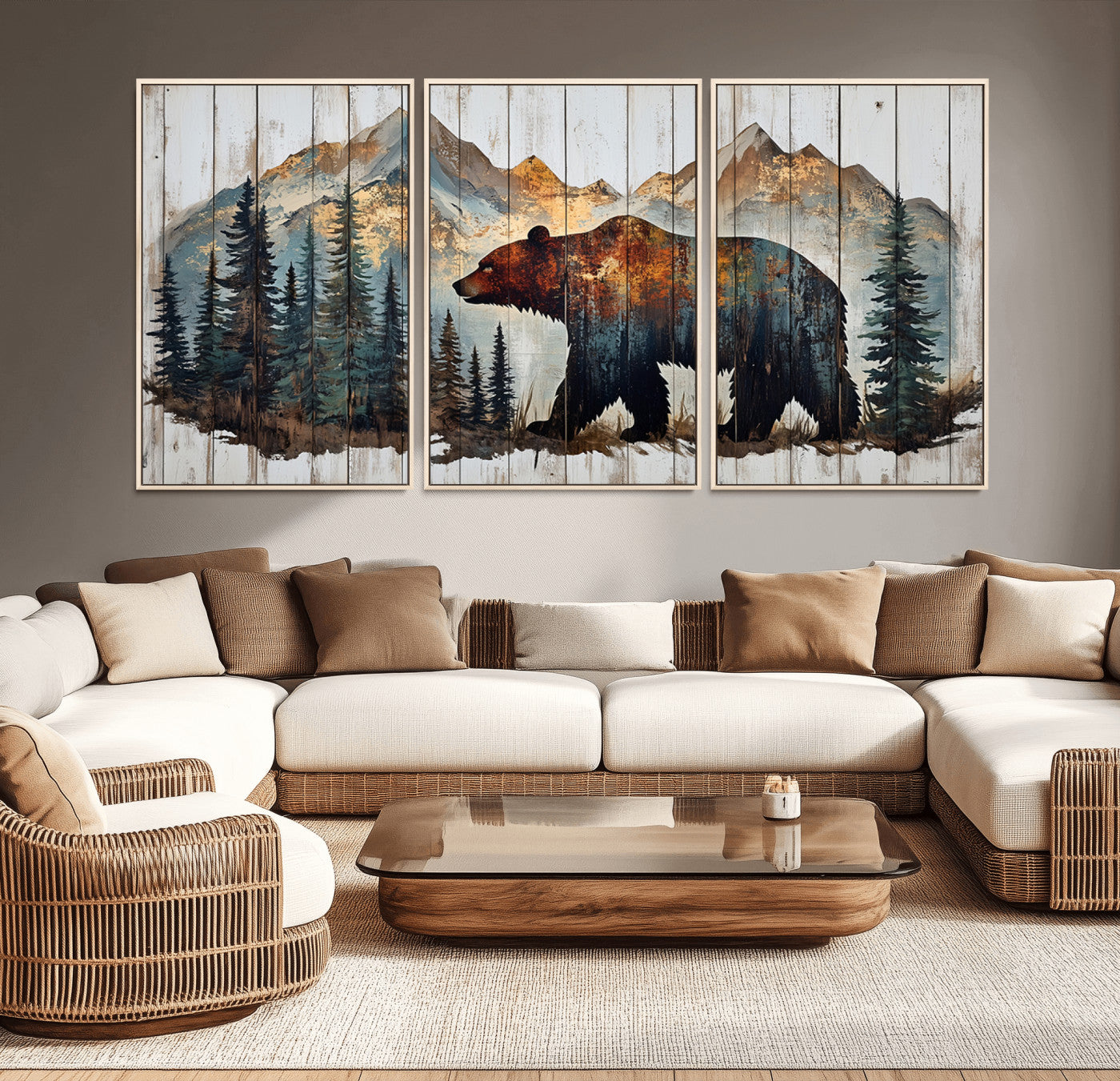 55777-MGV-CV-36X24-Rustic Grizzly 399 Bear and Mountain Wood Canvas Wall Art - Framed Nature Artwork with Forest