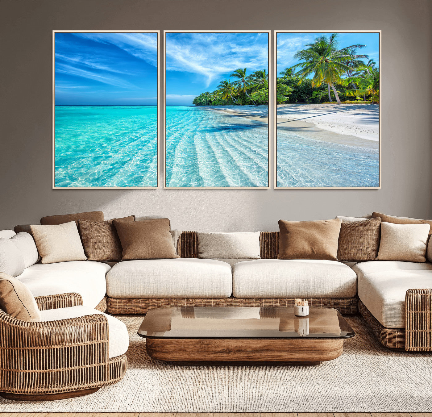 MGV-FC-60X30-3P - Tropical Beach Wall Art Canvas Print - Serene Ocean Landscape with Crystal Clear Turquoise Water and