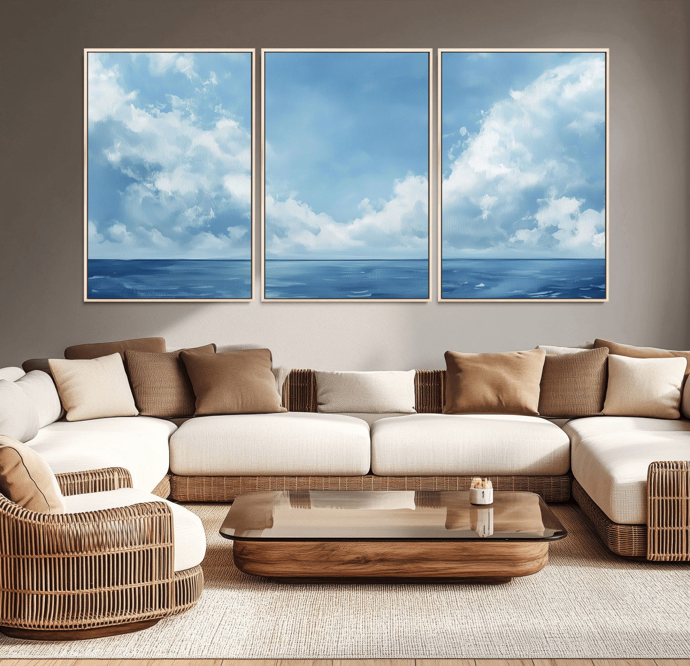 MGV-FC-60X30-3P - Abstract Ocean Print Artwork- Serene Blue Ocean Canvas Wall Art - Minimalist Ocean and Sky Canvas