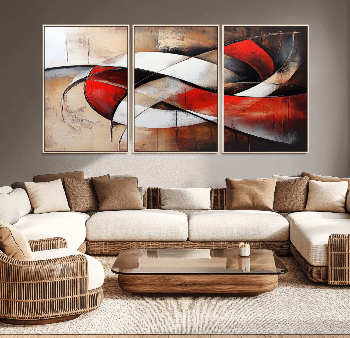 MGV-FC-60X30-3P - Abstract Wall Art - Modern Red and White Canvas Wall Art Print - Bold Geometric Abstract Canvas for