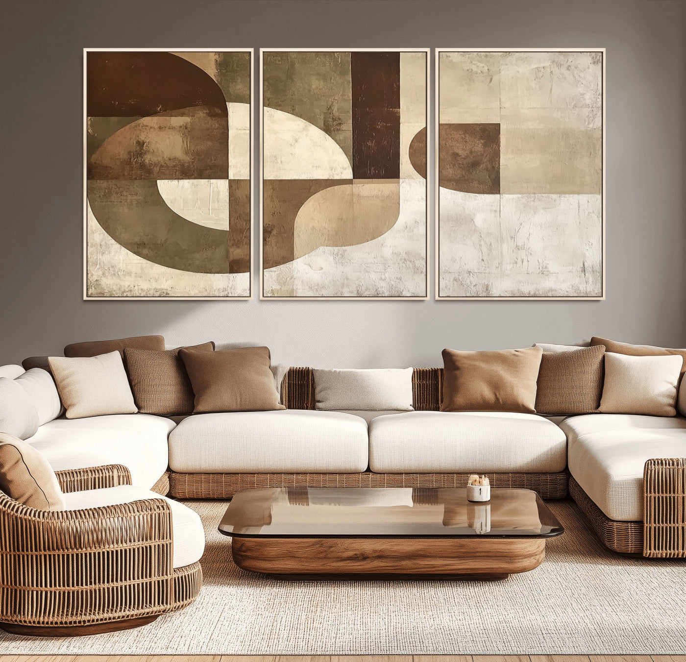 MGV-FC-60X30-3P - Wabi Sabi Geometric Wall Art | Abstract Modern Minimalist Canvas Print with Neutral Mid Century Art