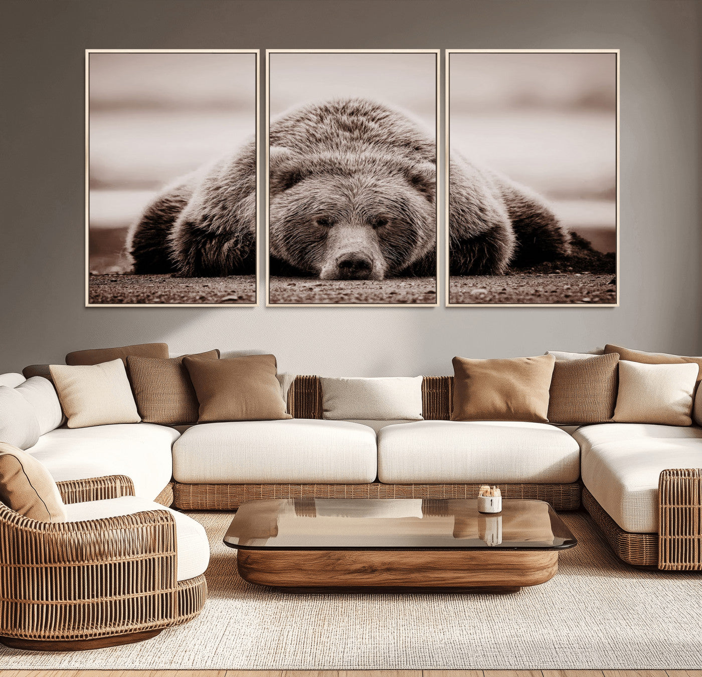 MGV-FC-60X30-3P - Grizzly Bear Wall Art Print - Bear Canvas Wall Art - Rustic Bear Portrait Canvas Print for Cabin