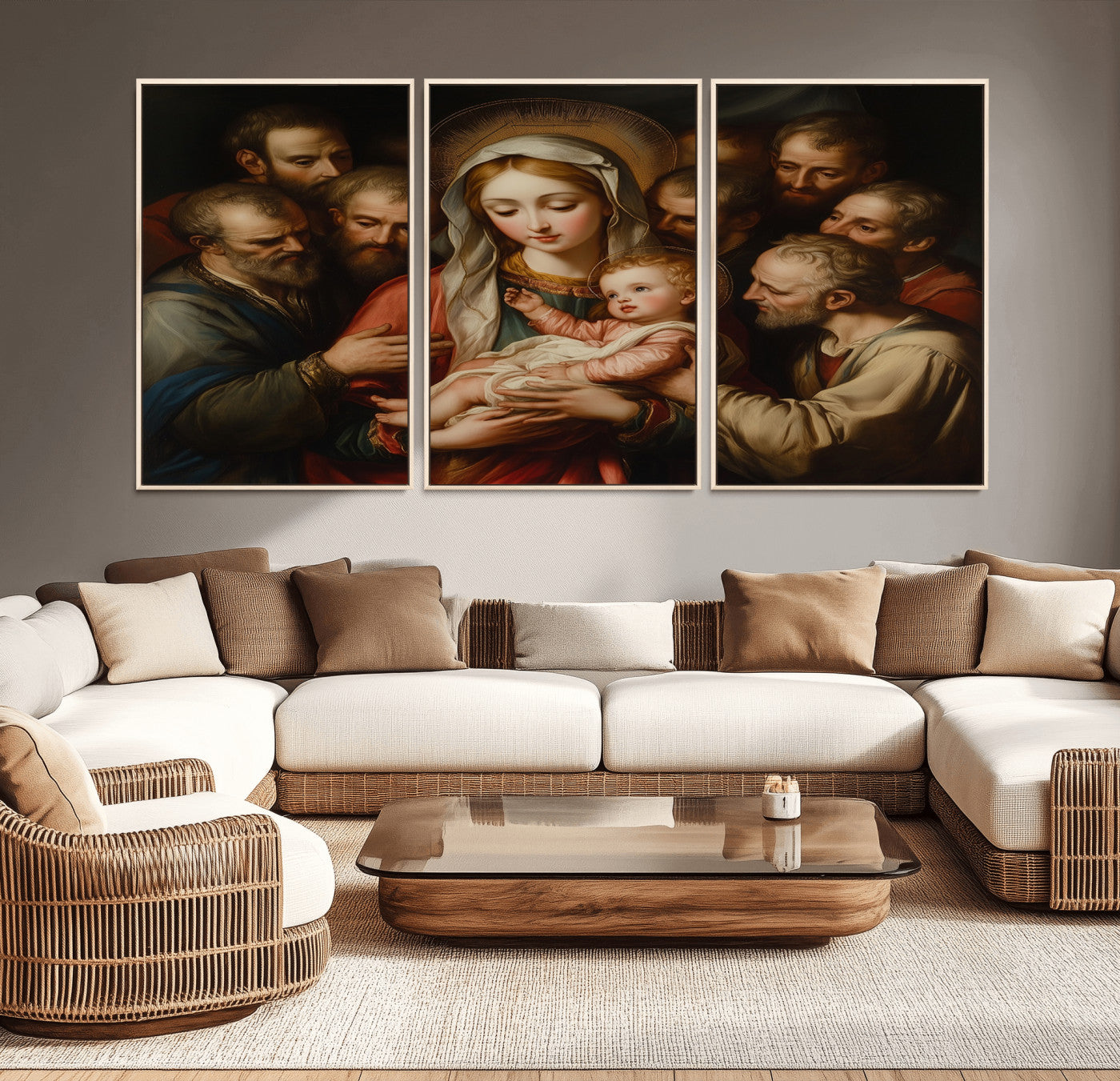 MGV-FC-60X30-3P - Religious Canvas Wall Art Print - Madonna and Child with Apostles Art Print - Classic Christian