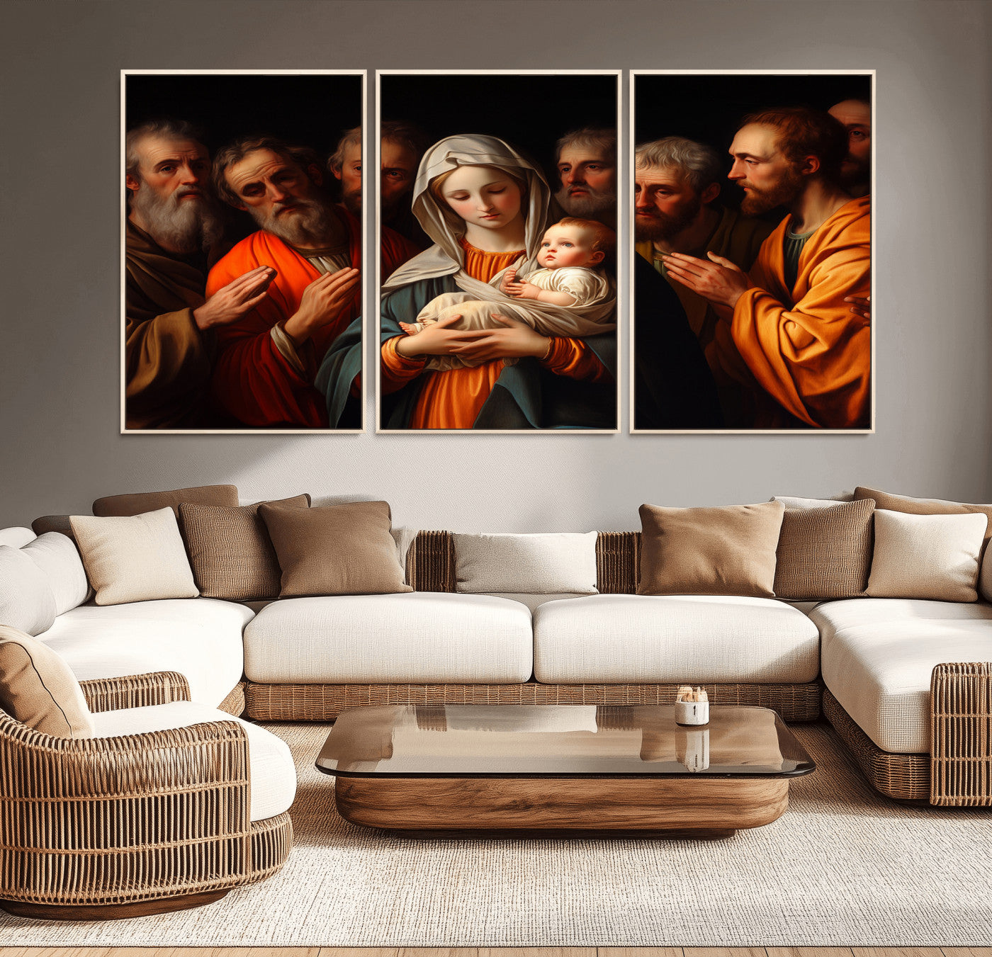 MGV-FC-60X30-3P - Religious Canvas Wall Art Print - Madonna and Child with Apostles Art Print - Classic Christian