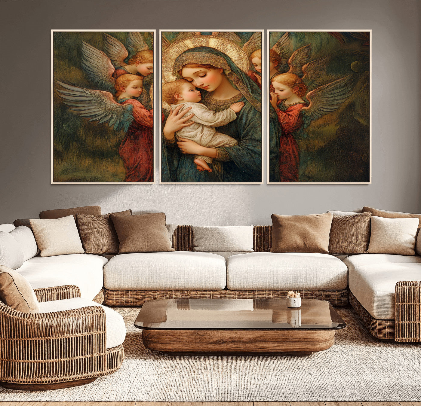 MGV-FC-60X30-3P - Mary Jesus Canvas Wall Art Print - Madonna and Child with Angels Art Print - Classic Christian