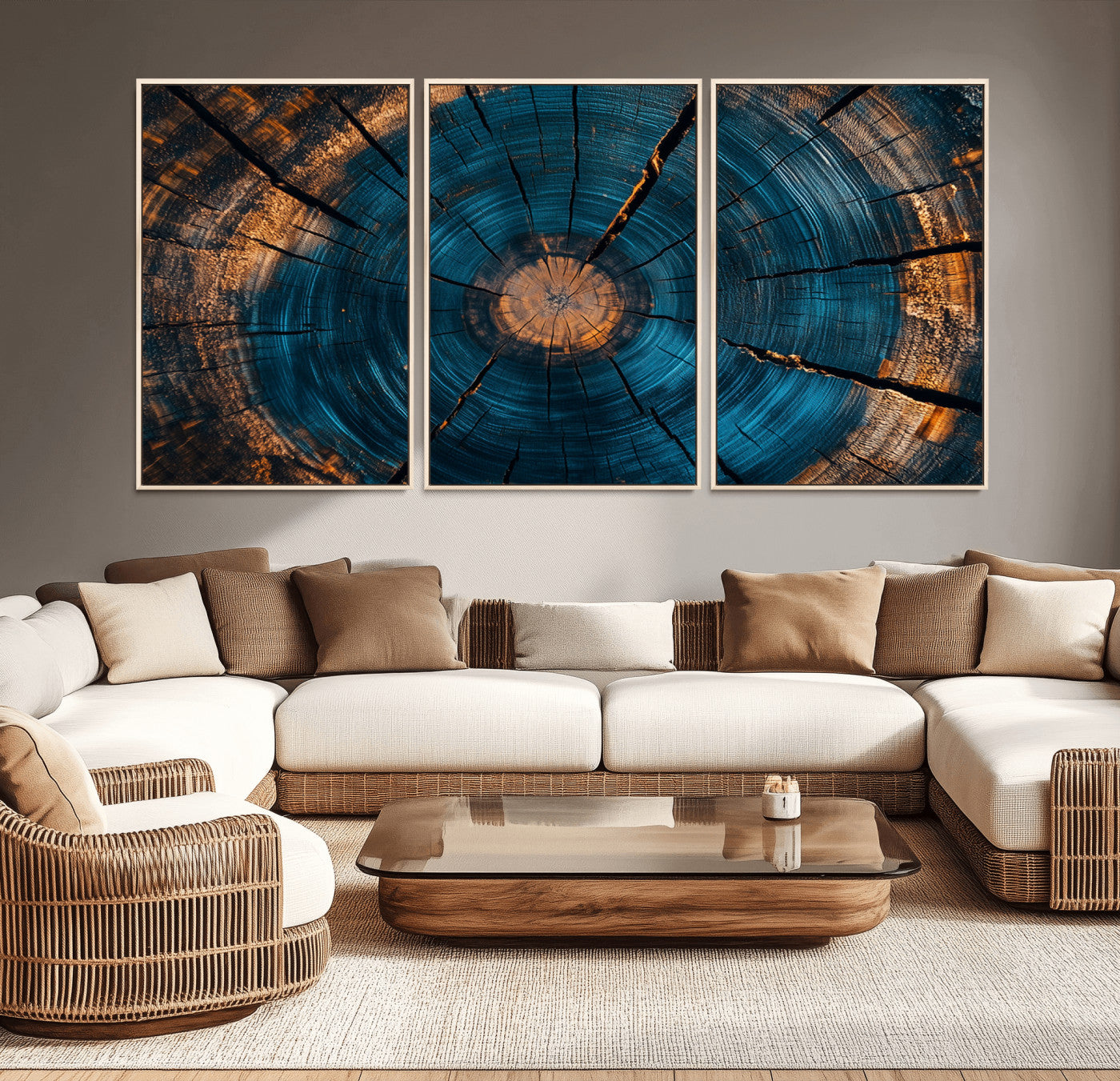MGV-FC-60X30-3P - Abstract Tree Rings Wall Art Canvas Print - Wood Grain Rings Artwork Print - Nature Woodland Modern