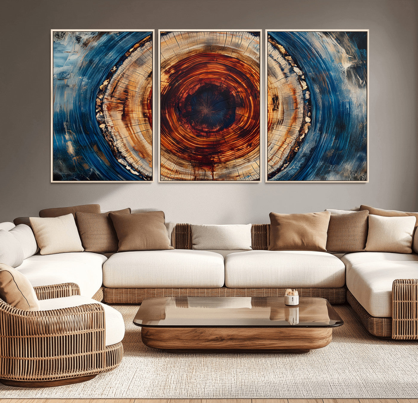 MGV-FC-60X30-3P - Abstract Framed Tree Rings Wall Decor, Wood Grain Rings Artwork Print, Nature Woodland Modern Wall