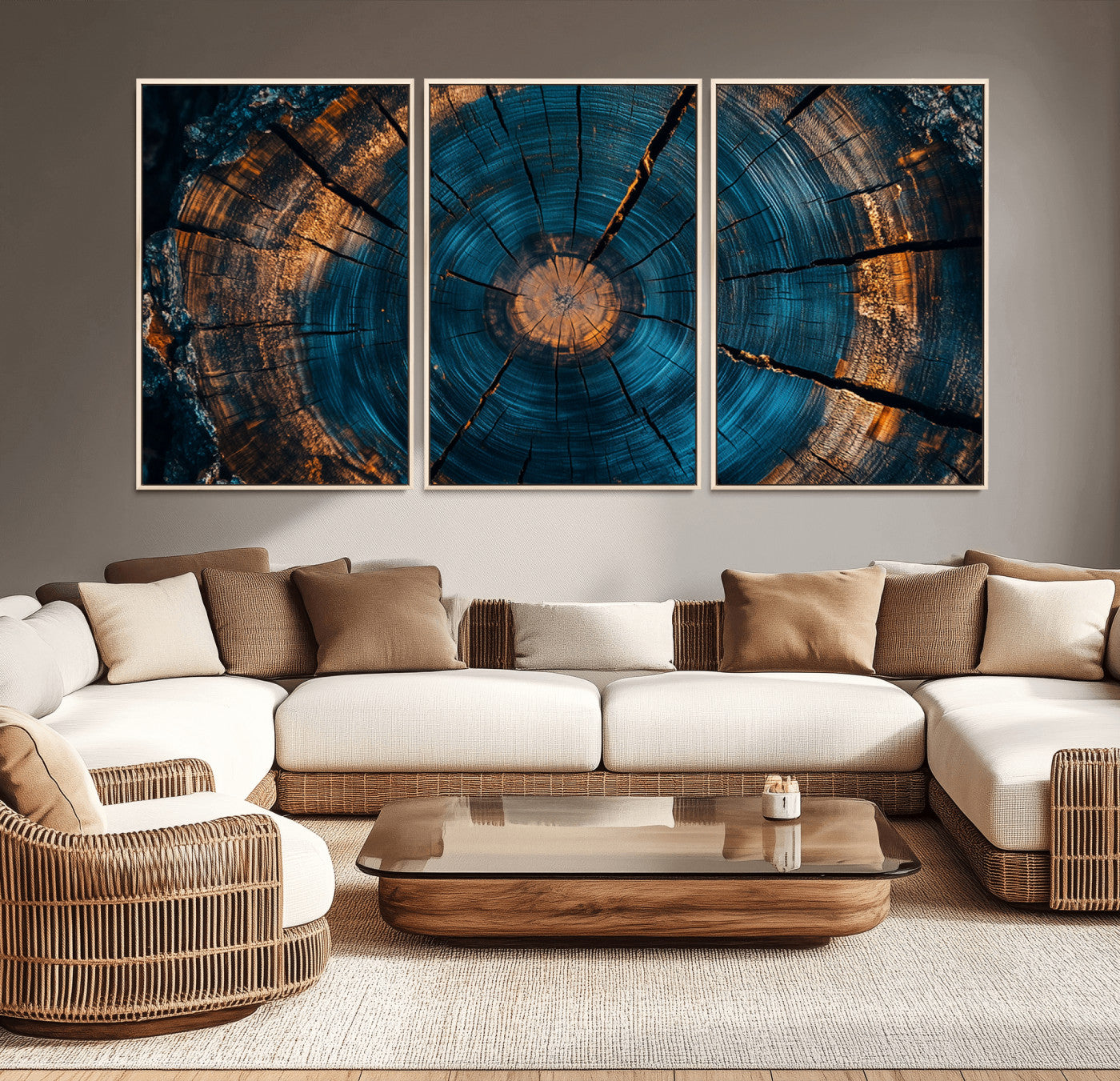 MGV-FC-60X30-3P - Farmhouse Wall Art - Abstract Tree Rings Canvas Wall Art Print, Framed Wood Grain Rings Artwork