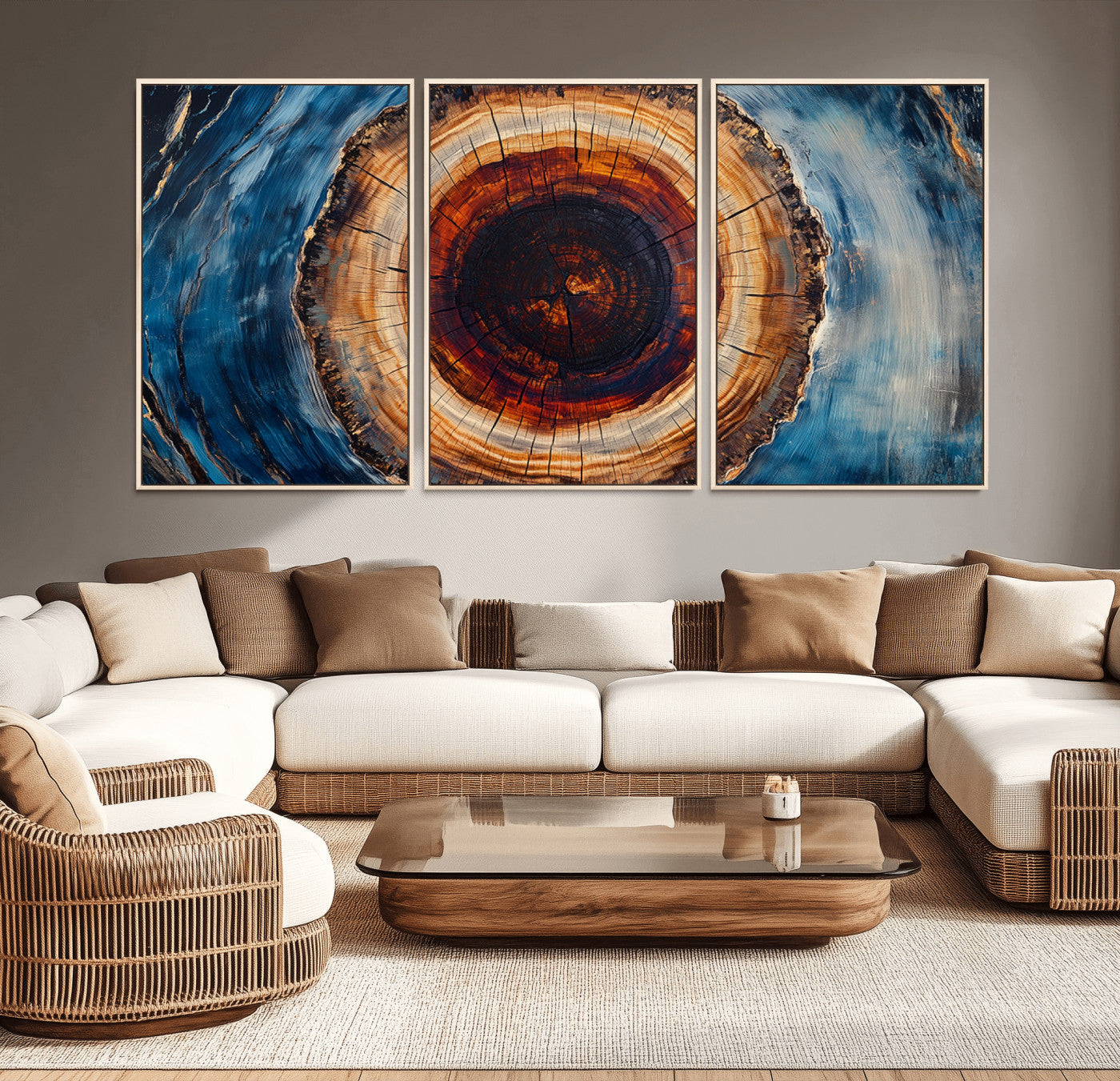 MGV-FC-60X30-3P - Framed Abstract Tree Ring Wall Art Print, Natural Rustic Wood Texture Canvas Print, Wood Tree Stump