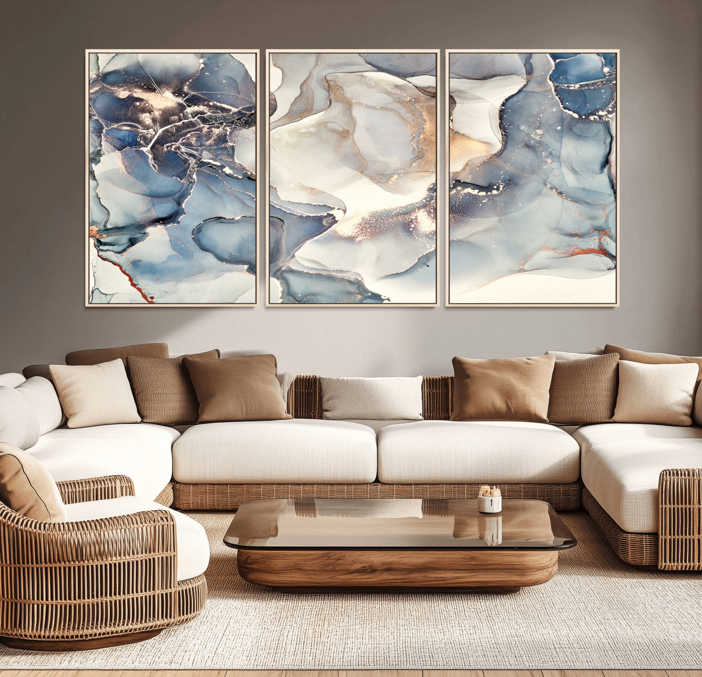 MGV-FC-60X30-3P - Abstract Blue and Gold Canvas Wall Art - Fluid Modern Ink Artwork - Modern Luxury Wall Decor for