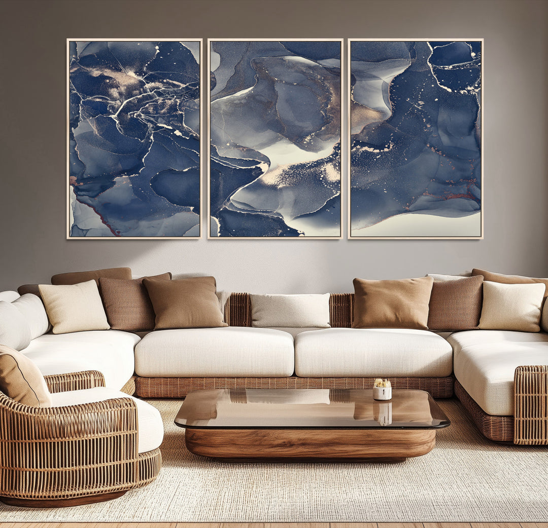 Large Abstract Blue and Gold Canvas Wall Art | Fluid Ink Artwork Print | Luxury Wall Decor for Contemporary Interiors | Framed Ready to Hang
