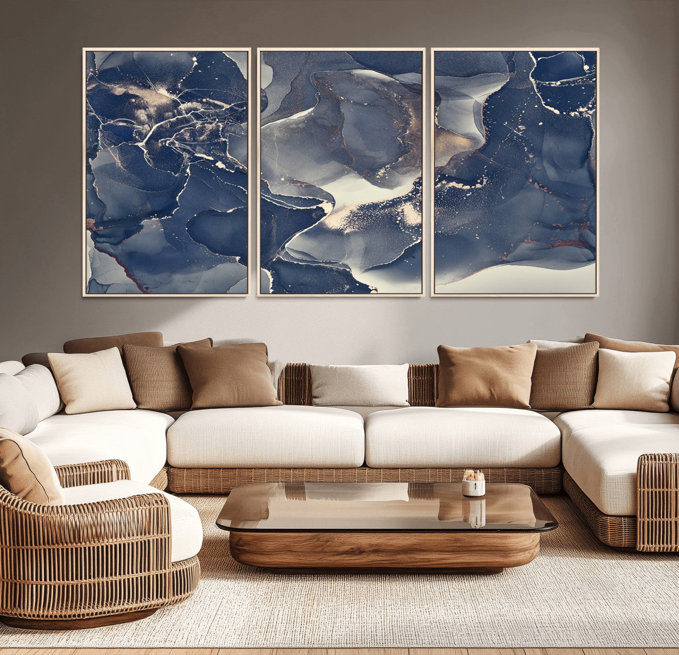 MGV-FC-60X30-3P - Large Abstract Blue and Gold Canvas Wall Art | Fluid Ink Artwork Print | Luxury Wall Decor for