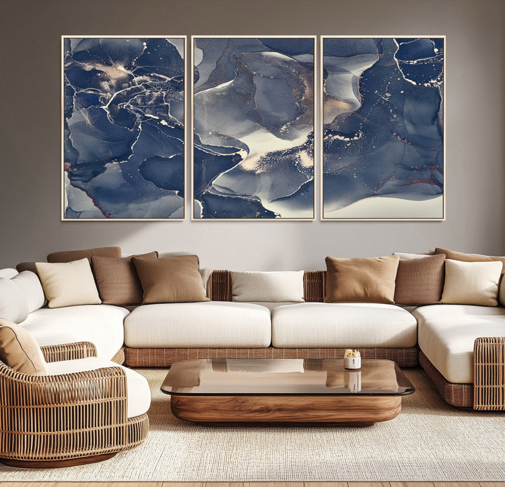 Large Abstract Blue and Gold Canvas Wall Art | Fluid Ink Artwork Print | Luxury Wall Decor for Contemporary Interiors | Framed Ready to Hang