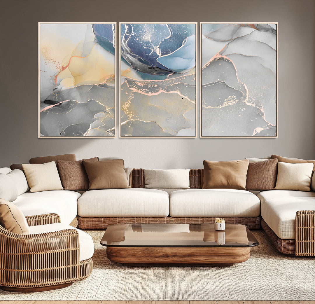 Large Abstract Blue and Gold Canvas Wall Art | Fluid Ink Artwork Print | Luxury Wall Decor for Contemporary Interiors | Framed Blue and Gold