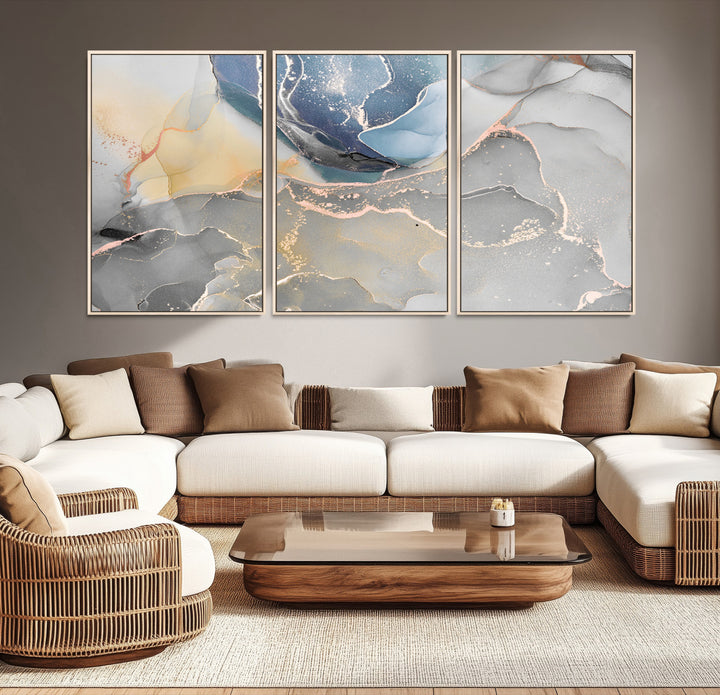 Large Abstract Blue and Gold Canvas Wall Art | Fluid Ink Artwork Print | Luxury Wall Decor for Contemporary Interiors | Framed Blue and Gold