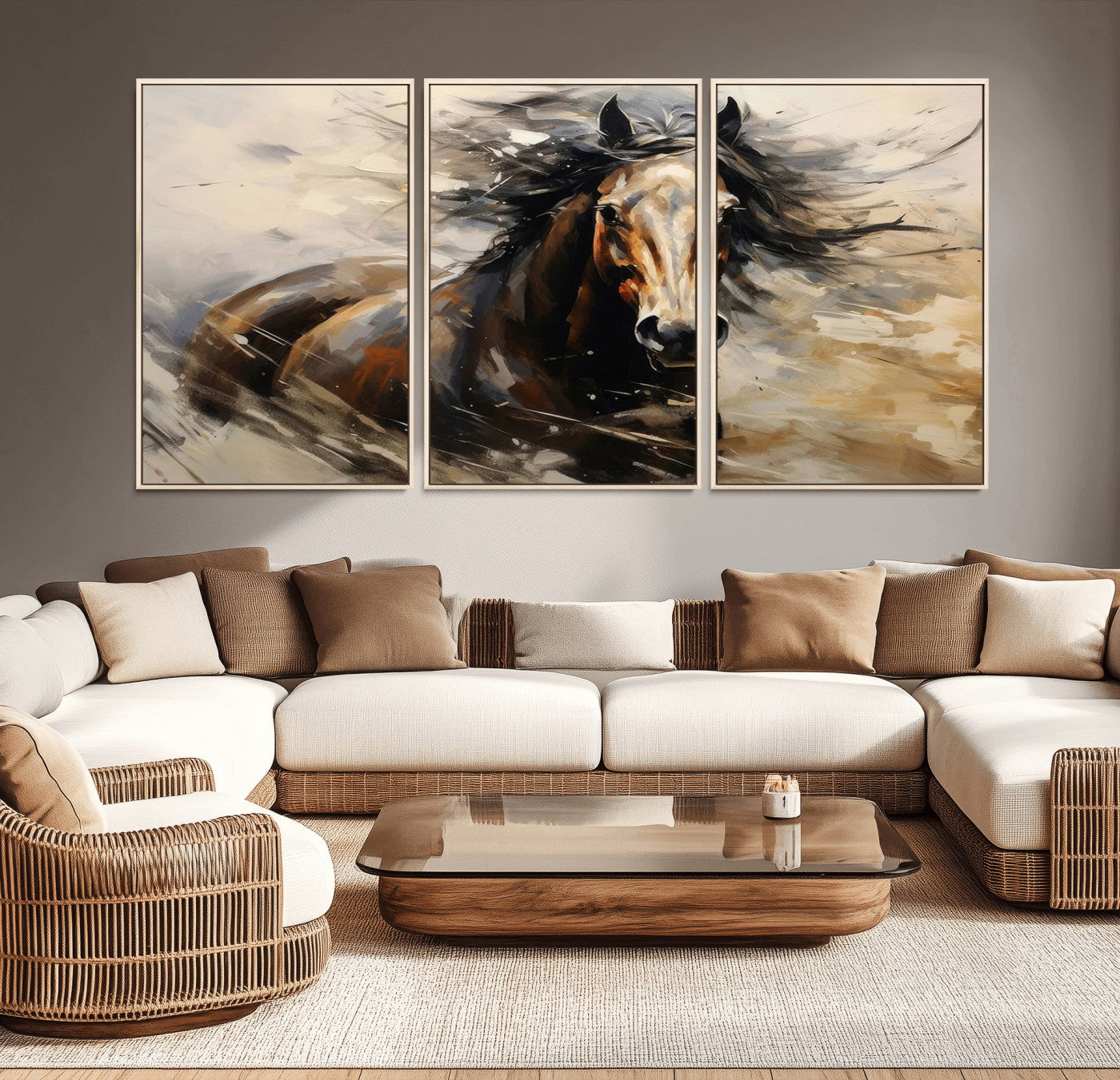 MGV-FC-60X30-3P - Abstract Wall Art Horse Print - Large Western Horse Canvas - Farmhouse Woodland Wall Art - Framed