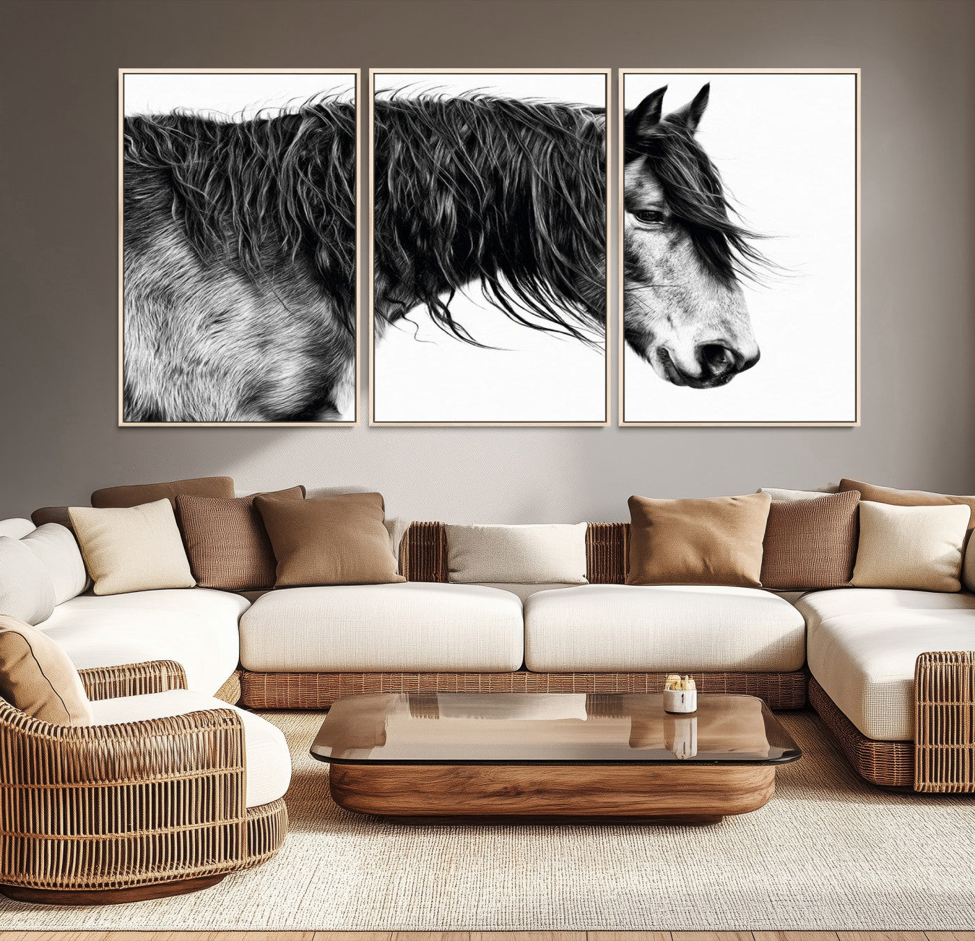 A stunning black-and-white portrait of a horse with a flowing mane, captured in dramatic detail and emotion.