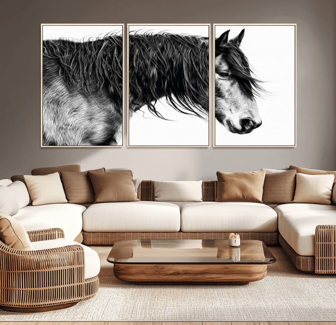 MGV-FC-60X30-3P - Black Horse Wall Art Canvas Print for Farmhouse Decor and Woodland Decoration